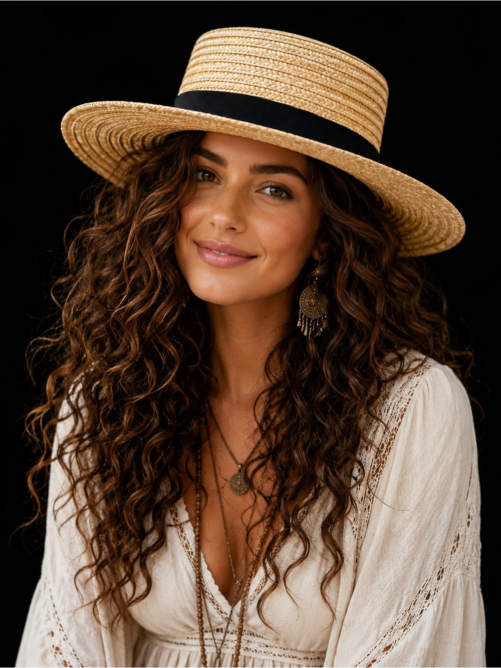 Wide Brim Straw Boater Hat With Black Band - Unbr… - image 3